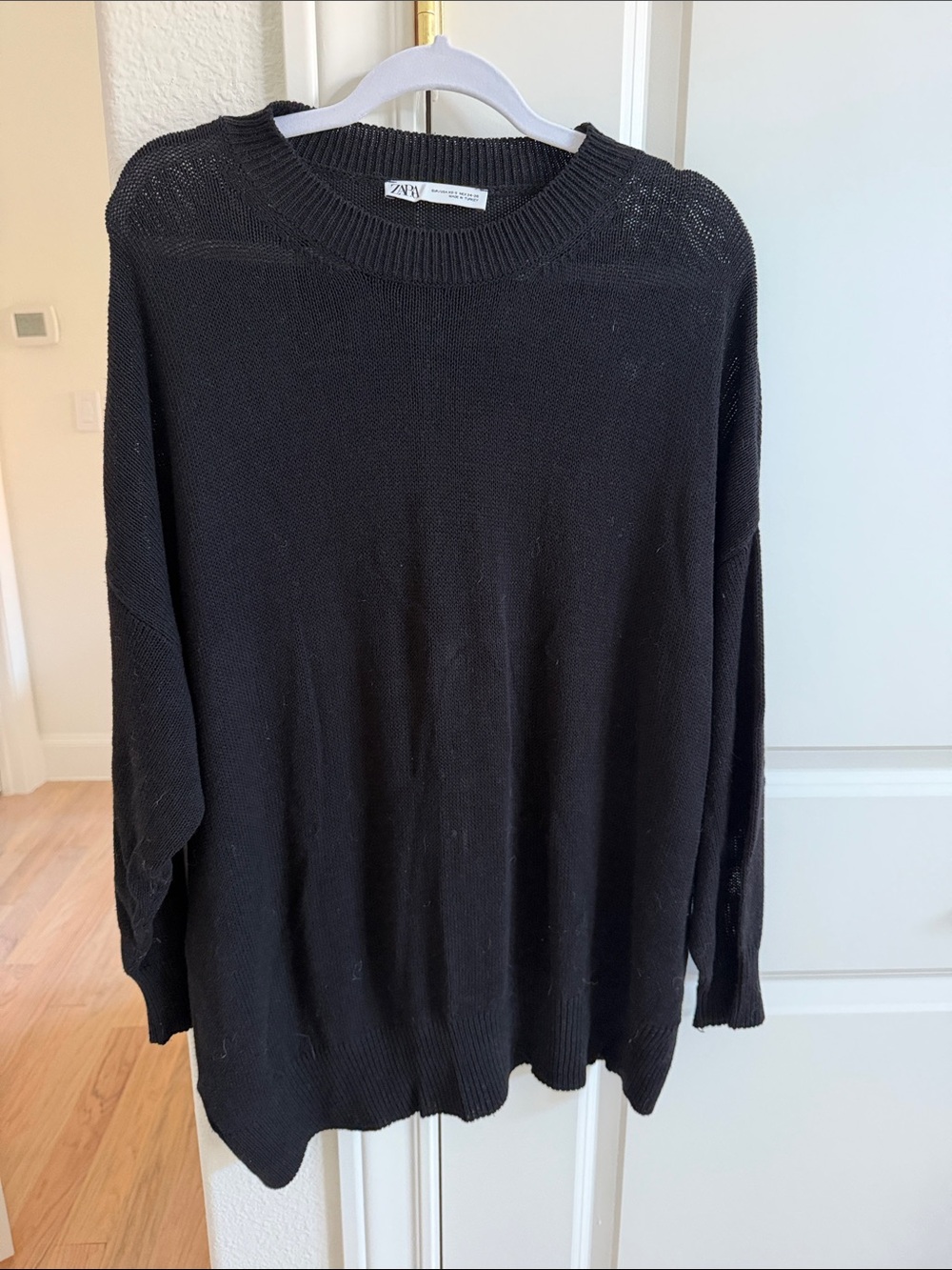 Zara Women Black Crewneck Oversized Cotton Sweater XS